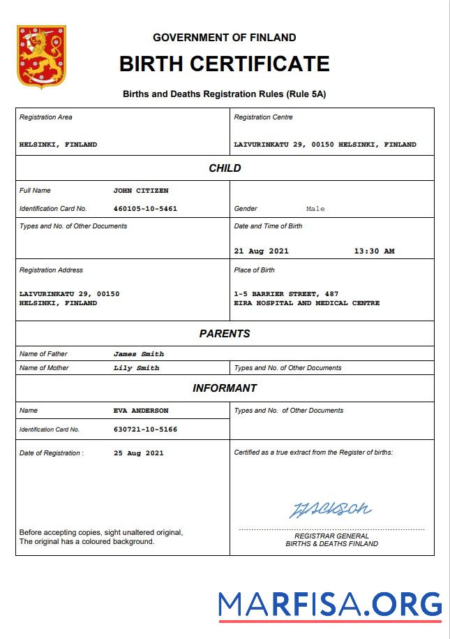 Realistisch Finnland vital record Geburt Zertifikat Word and PDF Vorlage