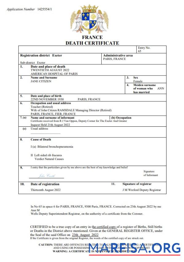 Realistisch Frankreich vital record Tod Zertifikat Word and PDF Vorlage