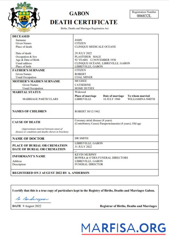 Hohe Qualität Gabun Tod Zertifikat Word and PDF Vorlage