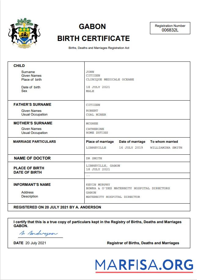 Hohe Qualität Gabun vital record Geburt Zertifikat Word and PDF Vorlage