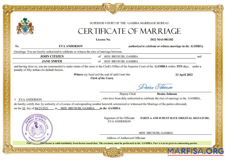Bearbeitbar Gambia Ehe Zertifikat Word and PDF Vorlage