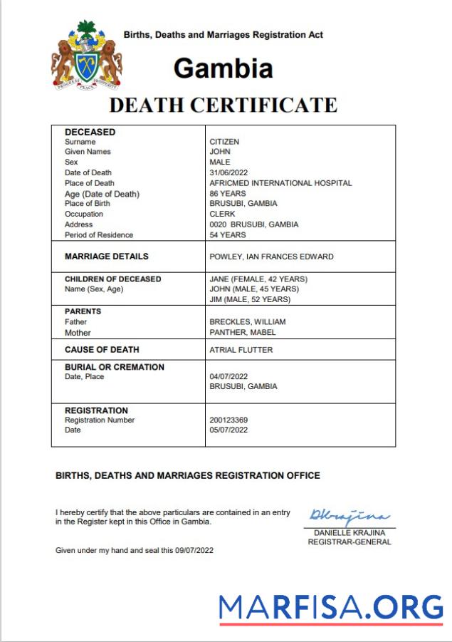 Gambia vital record Tod Zertifikat Word and PDF Design