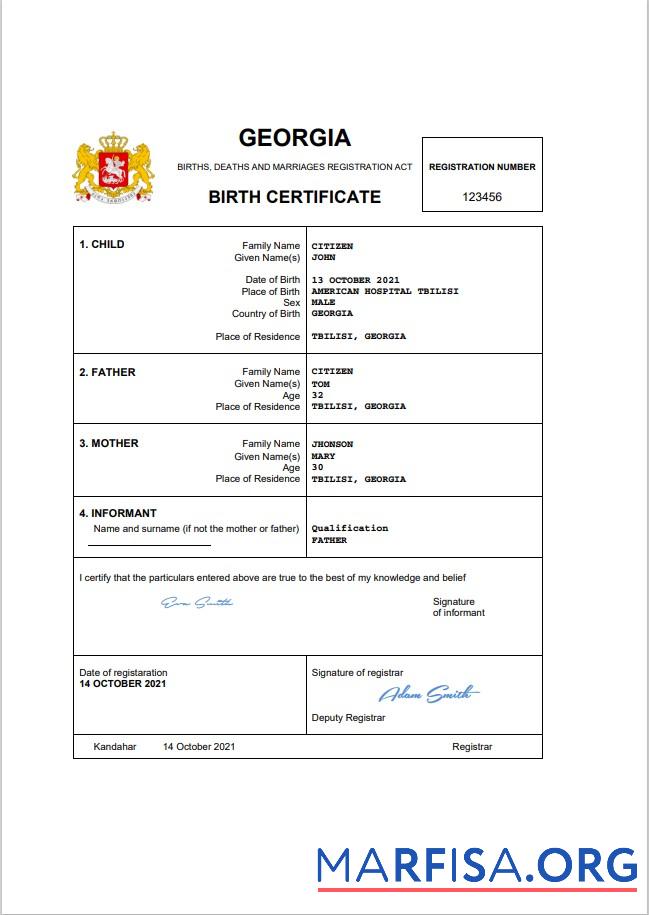 Hohe Qualität Georgien vital record Geburt Zertifikat Word and PDF Vorlage