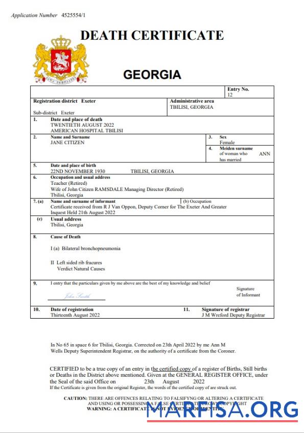 Georgien vital record Tod Zertifikat Word and PDF Mockup