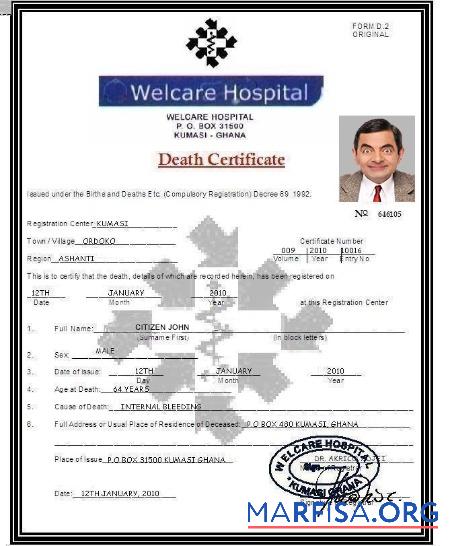 Ghana Welcare hospital Tod Zertifikat Vorschau