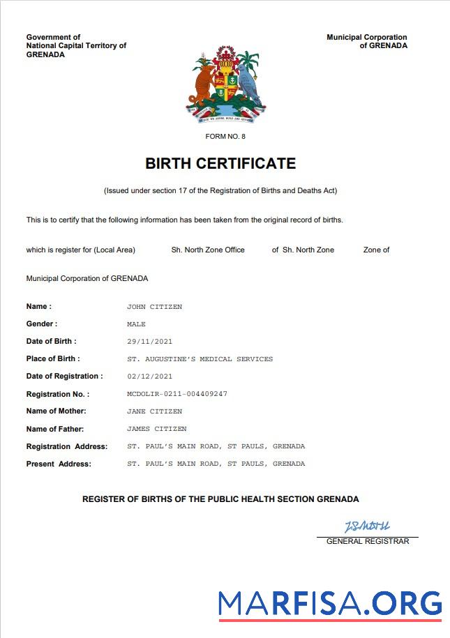 Bearbeitbar Grenada vital record Geburt Zertifikat Word and PDF Vorlage