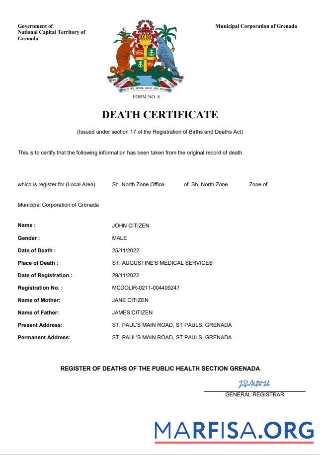 Premium Grenada vital record Tod Zertifikat Word and PDF Vorlage