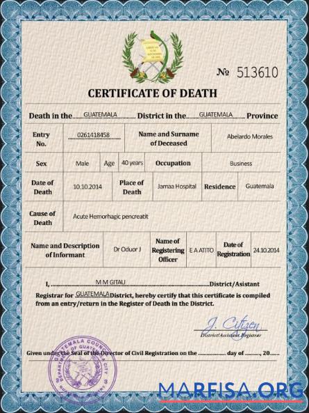 Bearbeitbar Guatemala vital record Tod Zertifikat PSD Vorlage