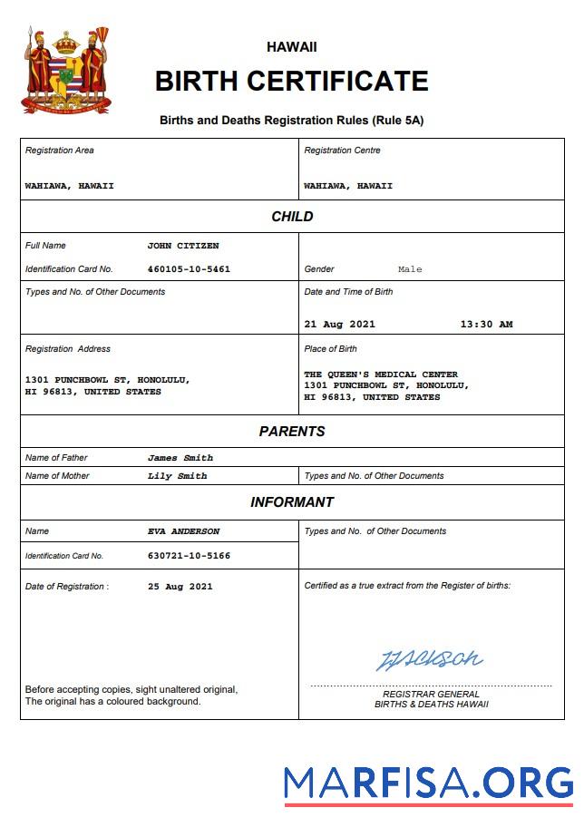 Realistisch Hawaii Geburt Zertifikat Word and PDF Vorlage