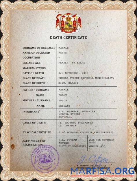 Premium Hawaii vital record Tod Zertifikat PSD Vorlage