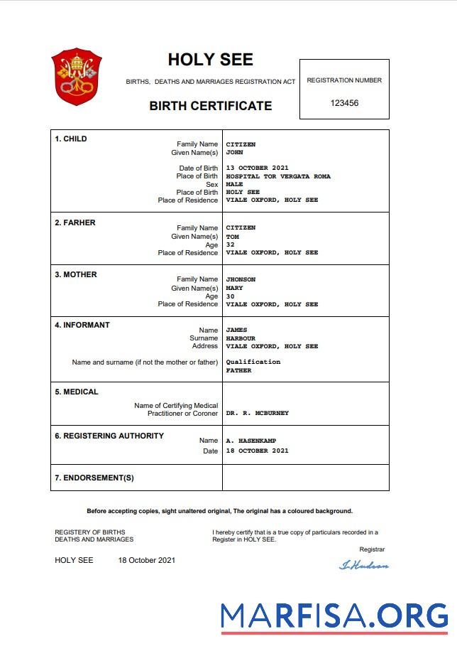 Bearbeitbar Holy See vital record Geburt Zertifikat Word and PDF Vorlage