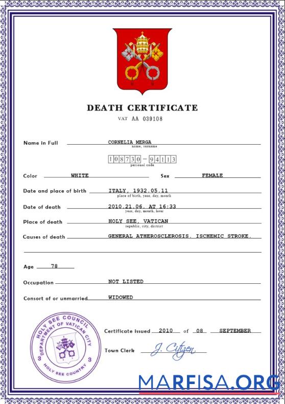 Realistisch Holy See vital record Tod Zertifikat PSD Vorlage
