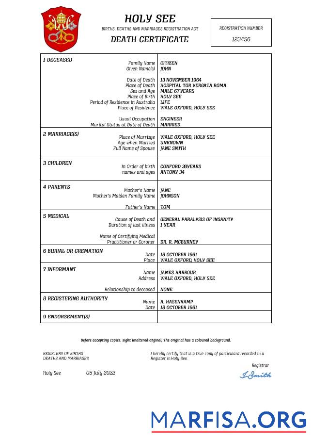 Hohe Qualität Holy See vital record Tod Zertifikat Word and PDF Vorlage
