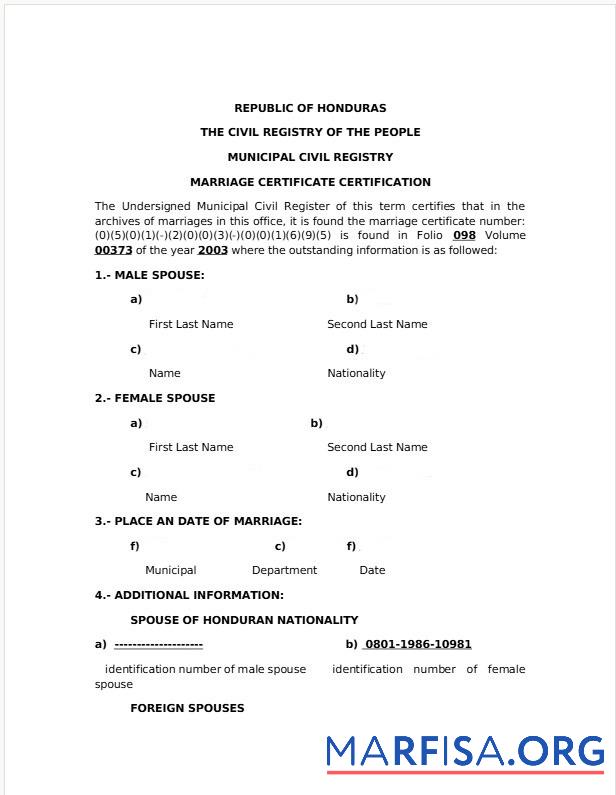 Honduras Civil registry of the people Ehe Zertifikat Mockup