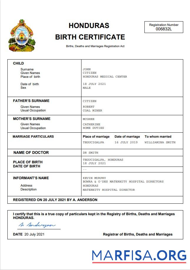 Hohe Qualität Honduras Geburt Zertifikat Word and PDF Vorlage