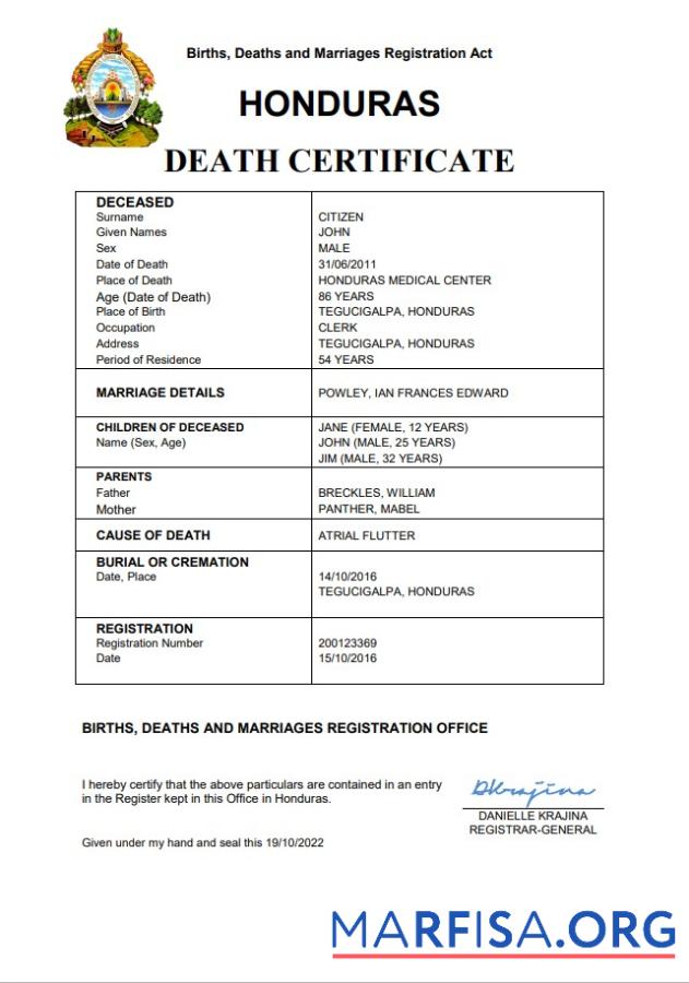 Professionell Honduras vital record Tod Zertifikat Word and PDF Vorlage