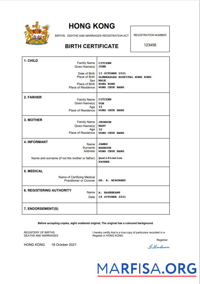 Hohe Qualität Hongkong Geburt Zertifikat Word and PDF Vorlage