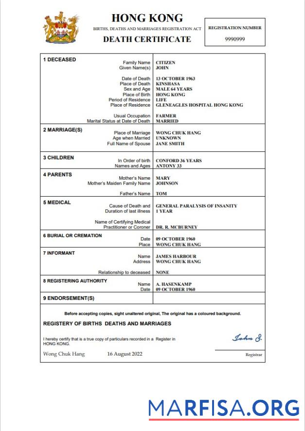 Professionell Hongkong Tod Zertifikat Word and PDF Vorlage,