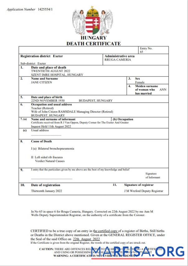 Ungarn vital record Tod Zertifikat Word and PDF templat Vorlage