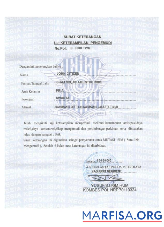 Indonesien driver Zertifikat Probe