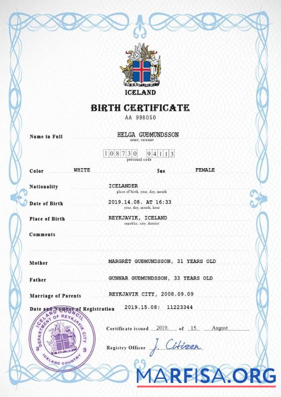 Realistisch Island vital record Geburt Zertifikat PSD Vorlage