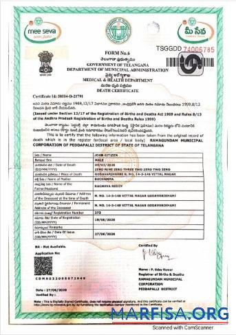 Indien Department of municipal administration of Telangana Tod Zertifikat Probe