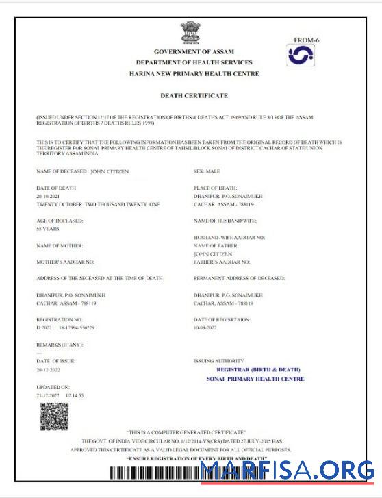 Indien Government of Assam Tod Zertifikat Mockup