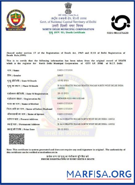 Indien Government of Delhi Tod Zertifikat Probe