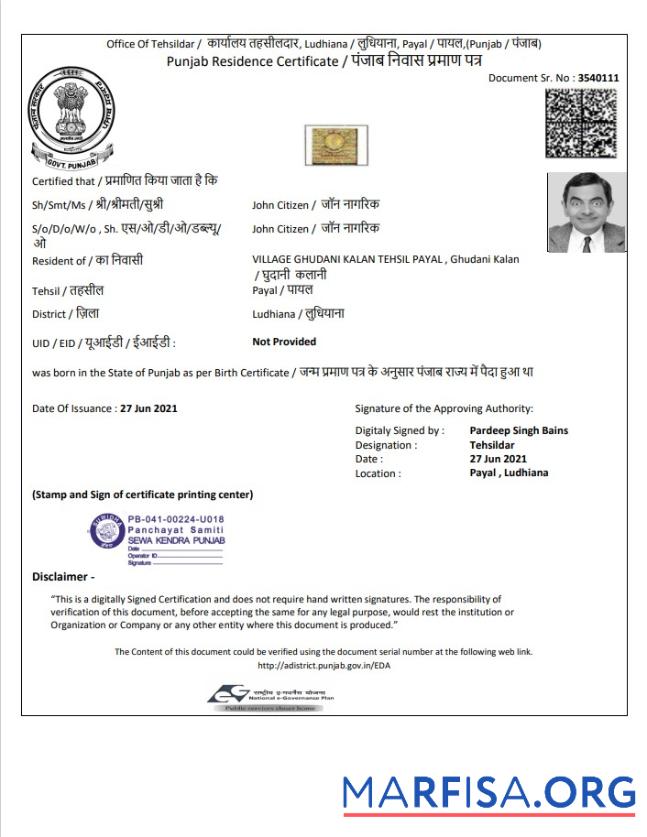 Bearbeitbar Indien Government of Punjab Wohnsitz Zertifikat Vorlage in Word and PDF Format