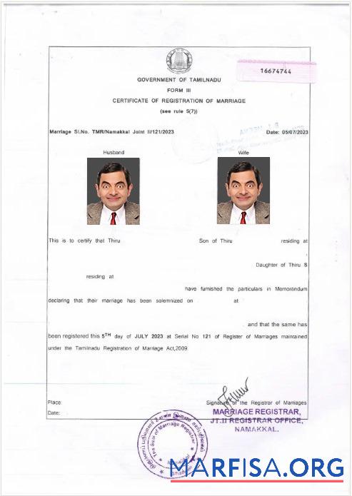 Indien Government of Tamilnadu Zertifikat of Ehe Vorlage