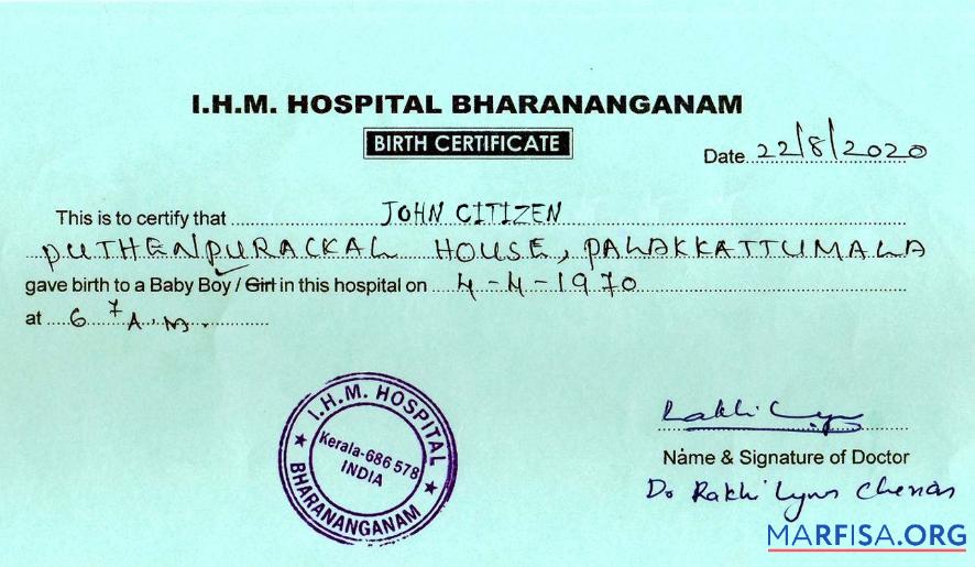 Indien I.H.M. Bharananganam hospital Geburt Zertifikat Vorlage