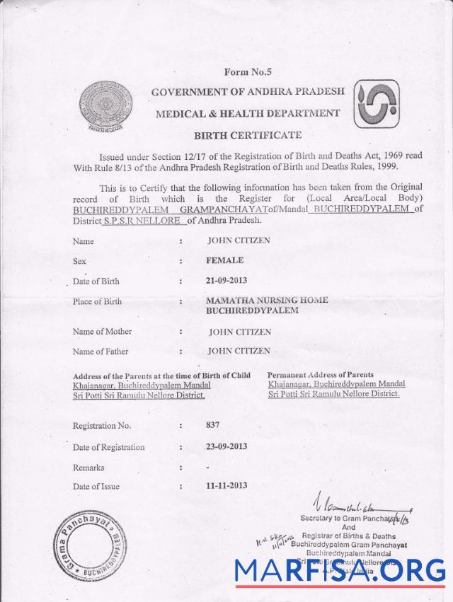 Indien Medizinisch & Gesundheit department of government of Andhra Pradesh Geburt Zertifikat Vorlage