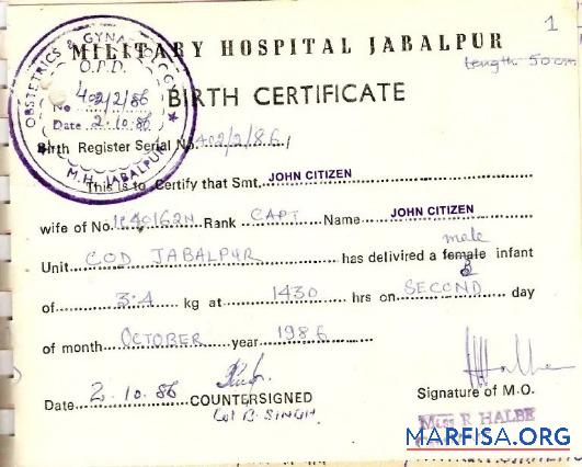 Indien Military hospital Geburt Zertifikat Mockup