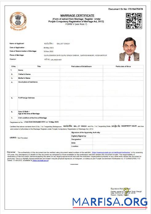 Indien Punjab Ehe registrar Ehe Zertifikat Design