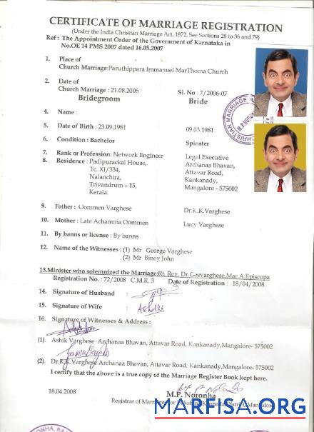 Indien Registrar of Ehe Zertifikat Vorschau