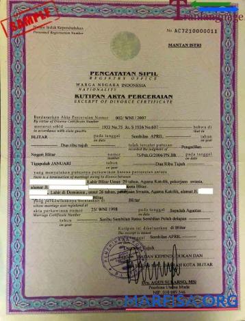 Indonesien Register of Blitar Scheidung Zertifikat Vorschau