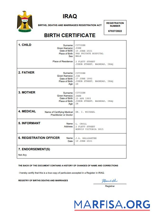 Premium Irak Geburt Zertifikat Word and PDF Vorlage