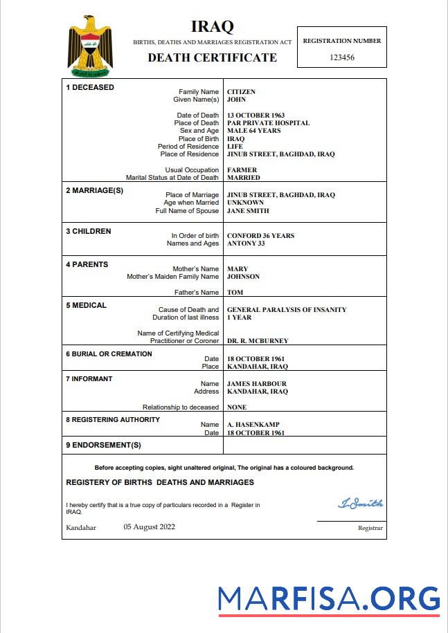 Hohe Qualität Irak vital record Tod Zertifikat Word and PDF Vorlage
