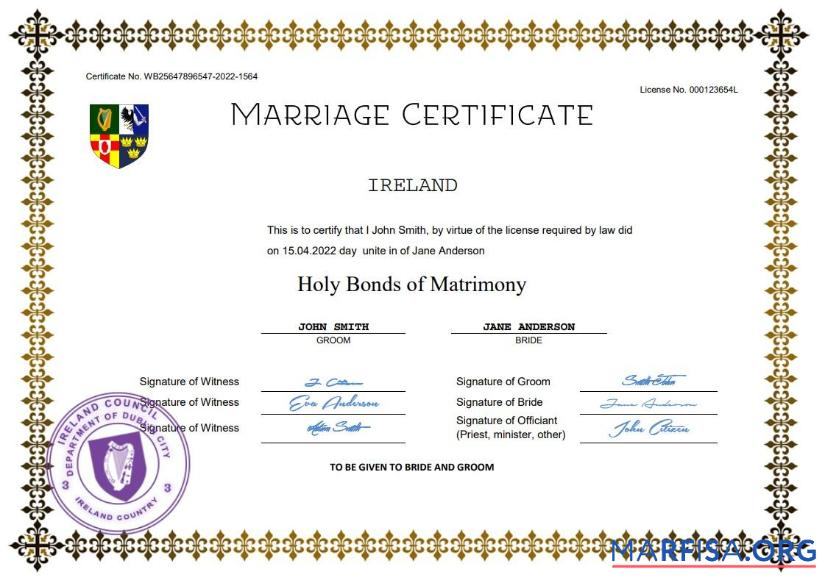 Professionell Irland Ehe Zertifikat Word and PDF Vorlage