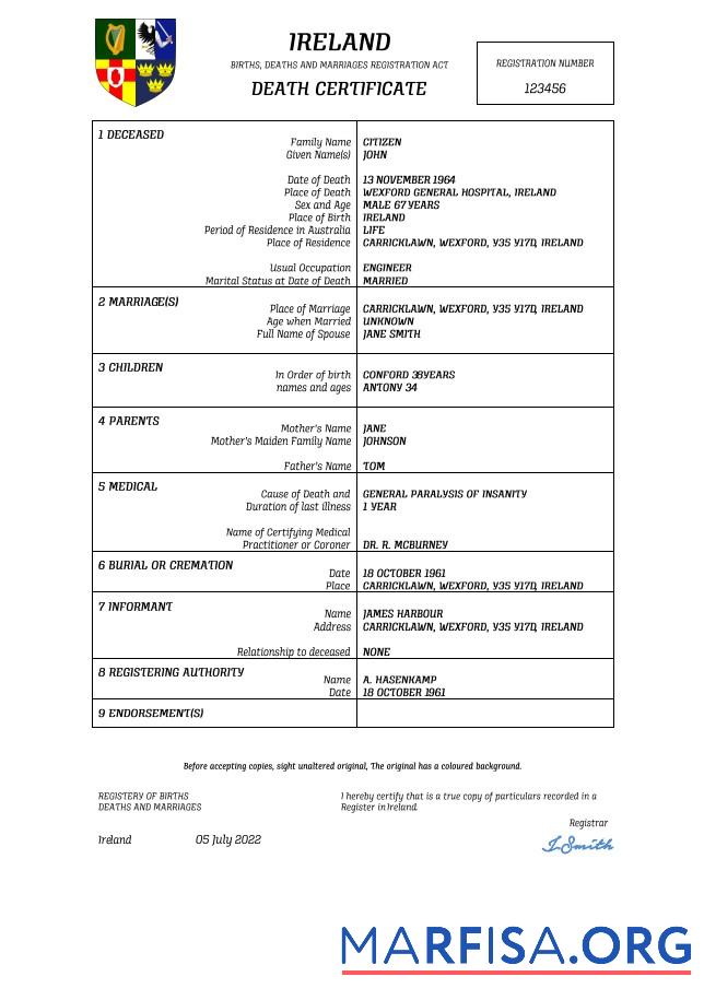 Premium Irland vital record Tod Zertifikat Word and PDF Vorlage