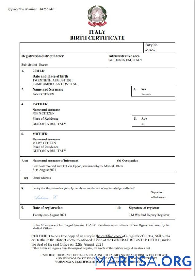 Premium Italien Geburt Zertifikat Word and PDF Vorlage, completely Bearbeitbar