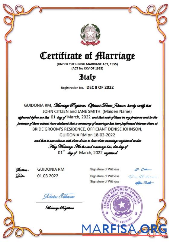 Professionell Italien Ehe Zertifikat Word and PDF Vorlage