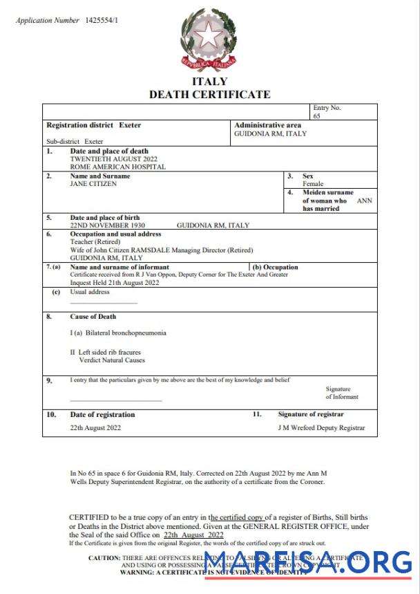 Hohe Qualität Italien vital record Tod Zertifikat Word and PDF Vorlage