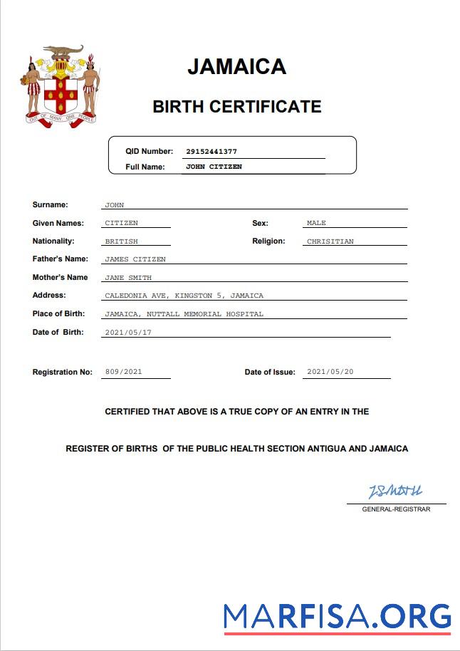 Bearbeitbar Jamaika vital record Geburt Zertifikat Word and PDF Vorlage