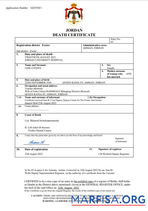 Hohe Qualität Jordanien vital record Tod Zertifikat Word and PDF Vorlage
