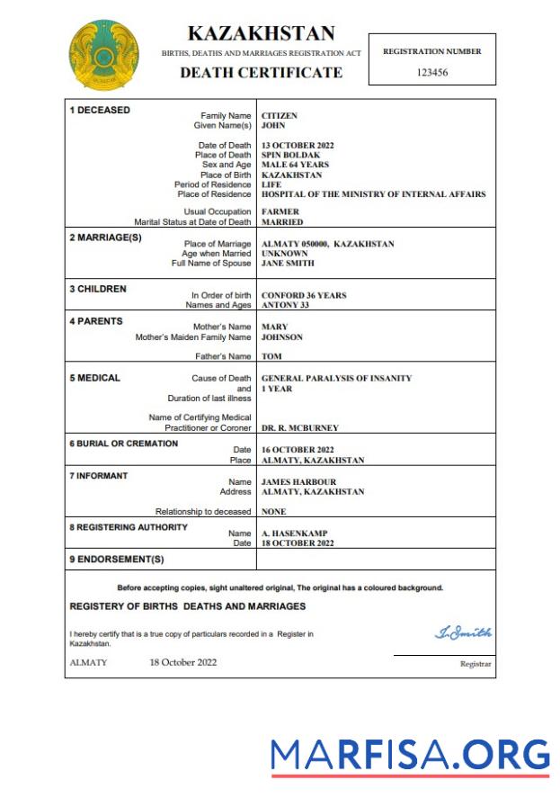 Professionell Kasachstan Tod Zertifikat Word and PDF Vorlage