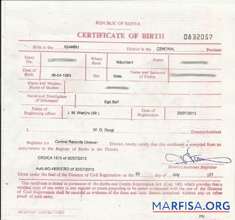 Kenia Register of births Tod Zertifikat Vorschau