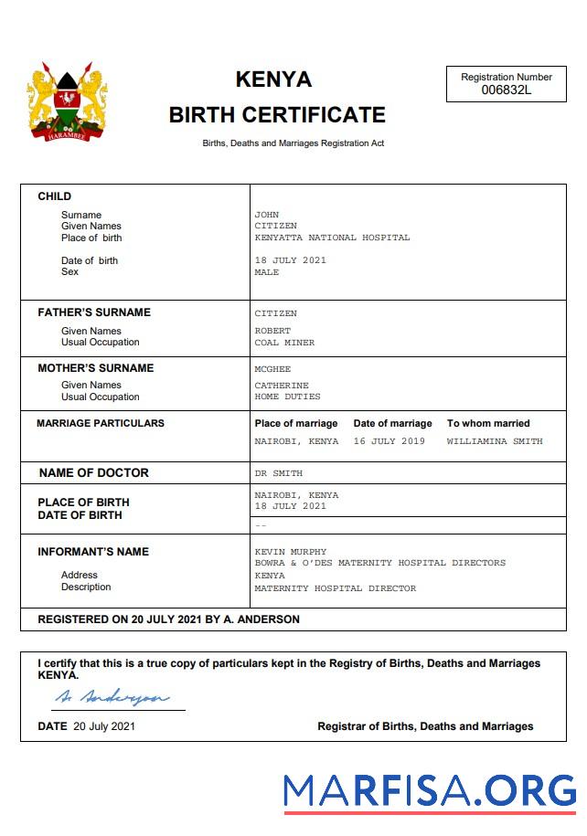 Hohe Qualität Kenia vital record Geburt Zertifikat Word and PDF Vorlage