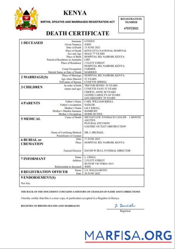 Professionell Kenia vital record Tod Zertifikat Word and PDF Vorlage