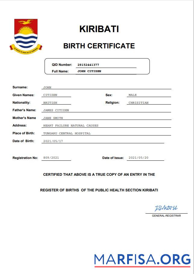 Bearbeitbar Kiribati Geburt Zertifikat Word and PDF Vorlage